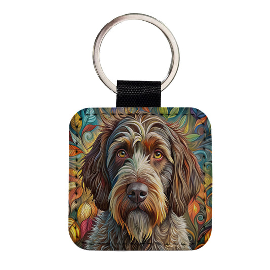 Wirehaired Pointing Griffon Dog Bohemian Art Square Faux Leather Keychain