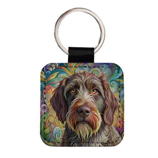 Wirehaired Pointing Griffon Dog French Bohemian Art Square Faux Leather Keychain