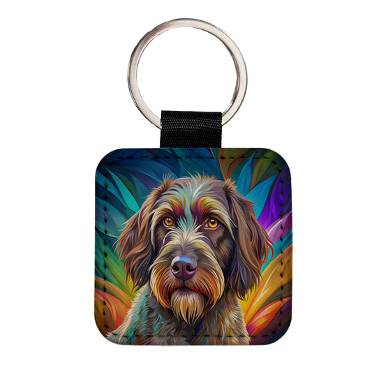 Wirehaired Pointing Griffon Dog Pop Art Square Faux Leather Keychain