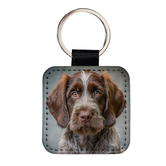 Wirehaired Pointing Griffon Dog Puppy Photo Square Faux Leather Keychain