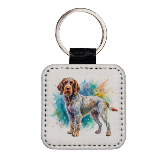 Wirehaired Pointing Griffon Dog Watercolor Style Square Faux Leather Keychain