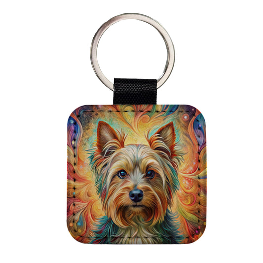 Yorkshire Terrier Yorkie Dog Bohemian Art Square Faux Leather Keychain