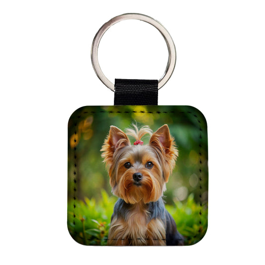 Yorkshire Terrier Yorkie Dog Photo Square Faux Leather Keychain