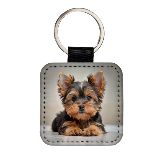 Yorkshire Terrier Yorkie Dog Puppy Photo Square Faux Leather Keychain
