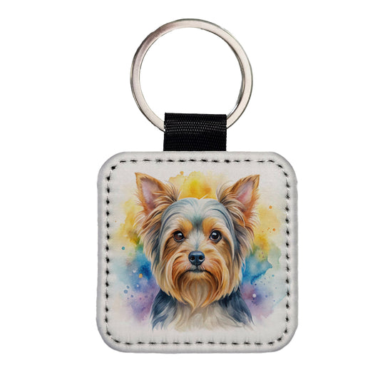 Yorkshire Terrier Yorkie Dog Watercolor Style Square Faux Leather Keychain