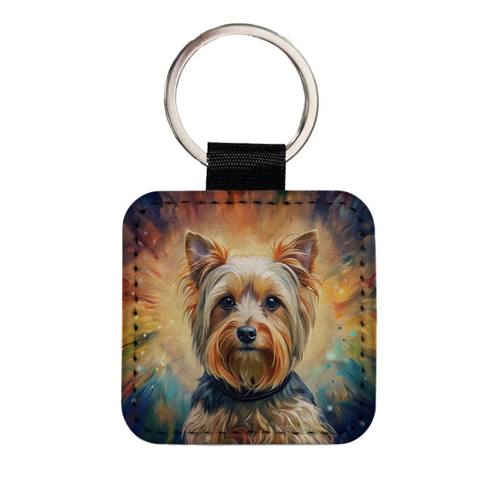 Yorkshire Terrier Yorkie French Bohemian Art Square Faux Leather Keychain
