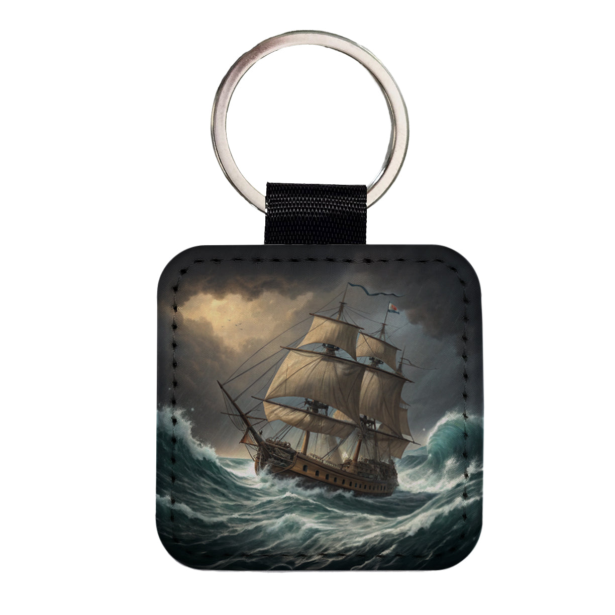 18th Century Sailing Ship Frigate In A Stormy Sea Square Faux Leather Keychain