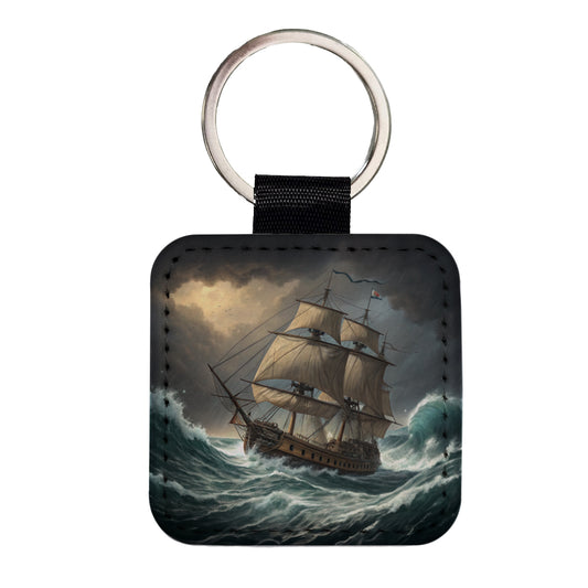 18th Century Sailing Ship Frigate In A Stormy Sea Square Faux Leather Keychain