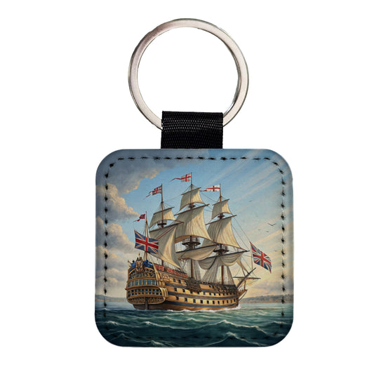 18th Century Warship British Sailing Ship Of The Line Square Faux Leather Keychain