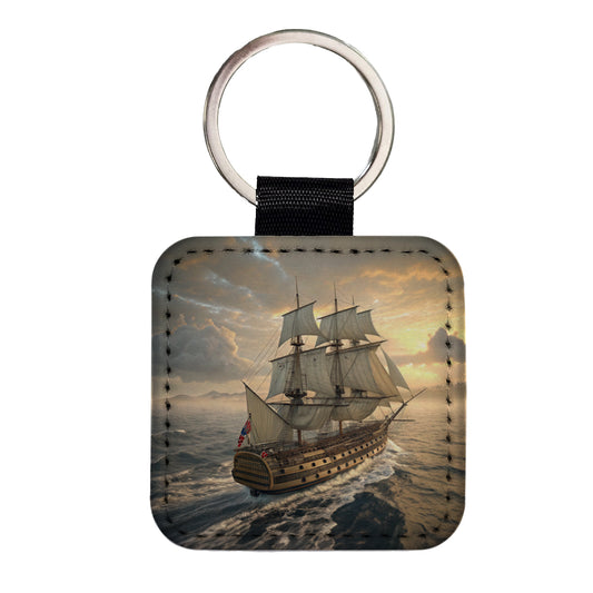 18th Century Warship Ship Of The Line At Sea Square Faux Leather Keychain
