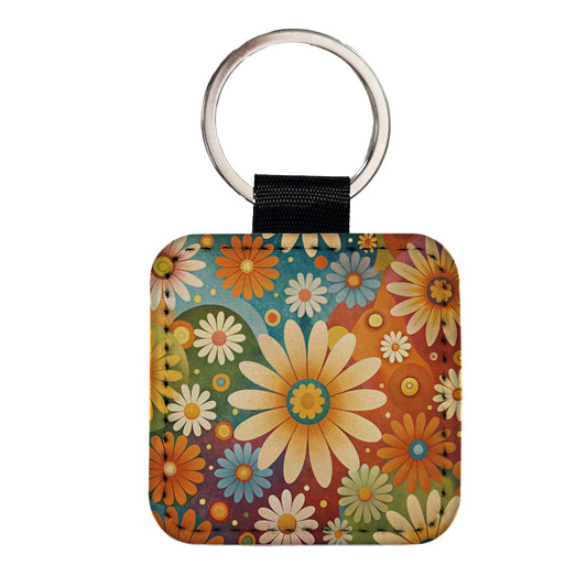 70's Retro Groovy Hippie Daisies Floral Design Square Faux Leather Keychain