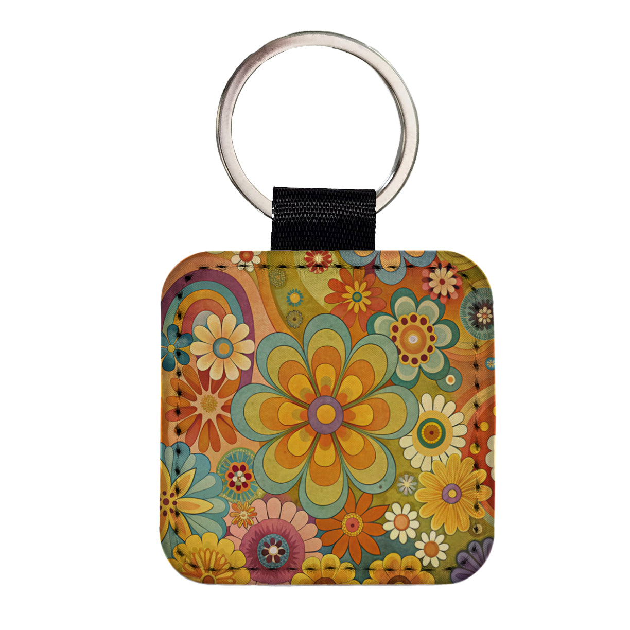70's Retro Groovy Hippie Pretty Floral Design Square Faux Leather Keychain