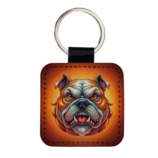 Angry Bulldog Cartoon Face Square Faux Leather Keychain