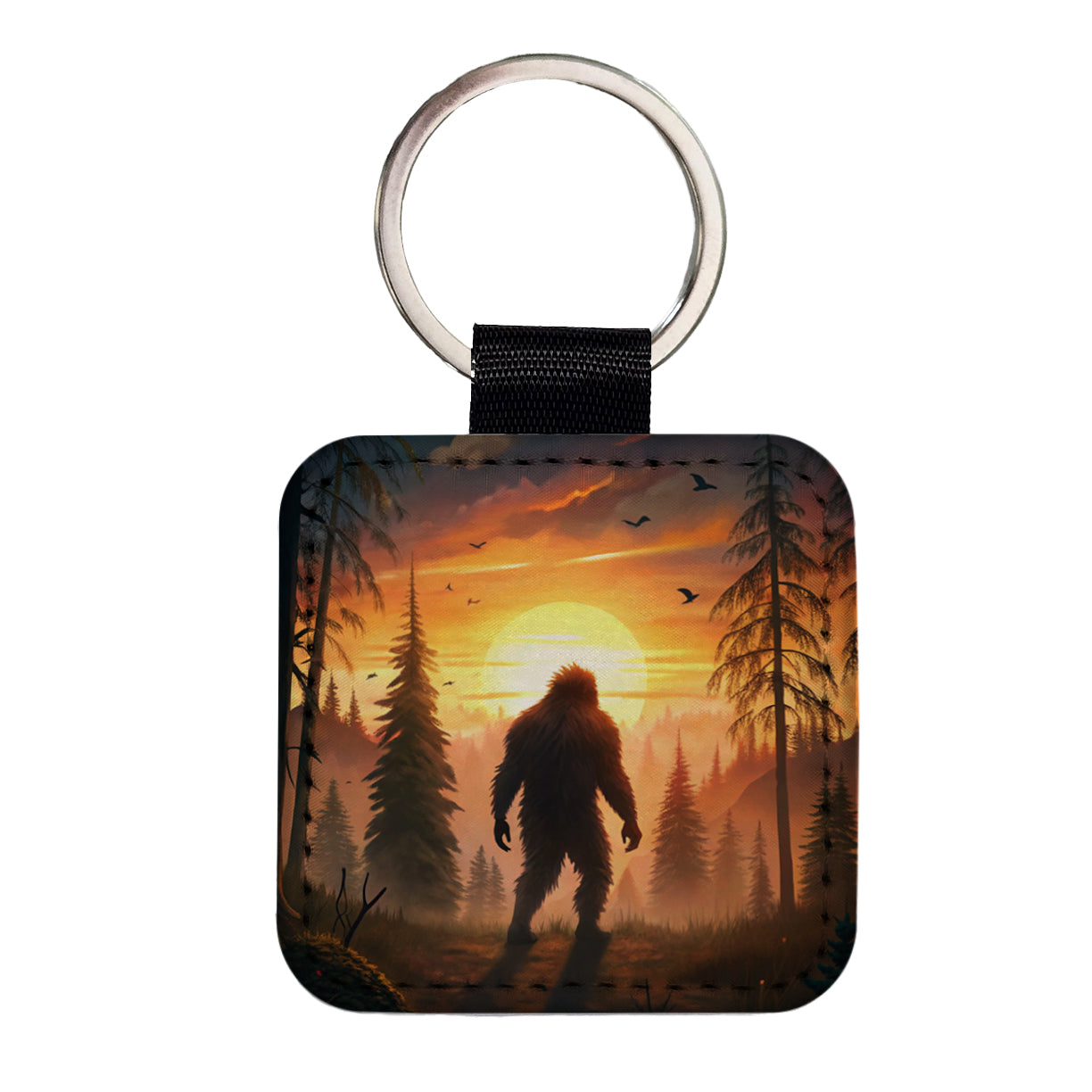 Bigfoot Walking In The Woods At Sunset Square Faux Leather Keychain