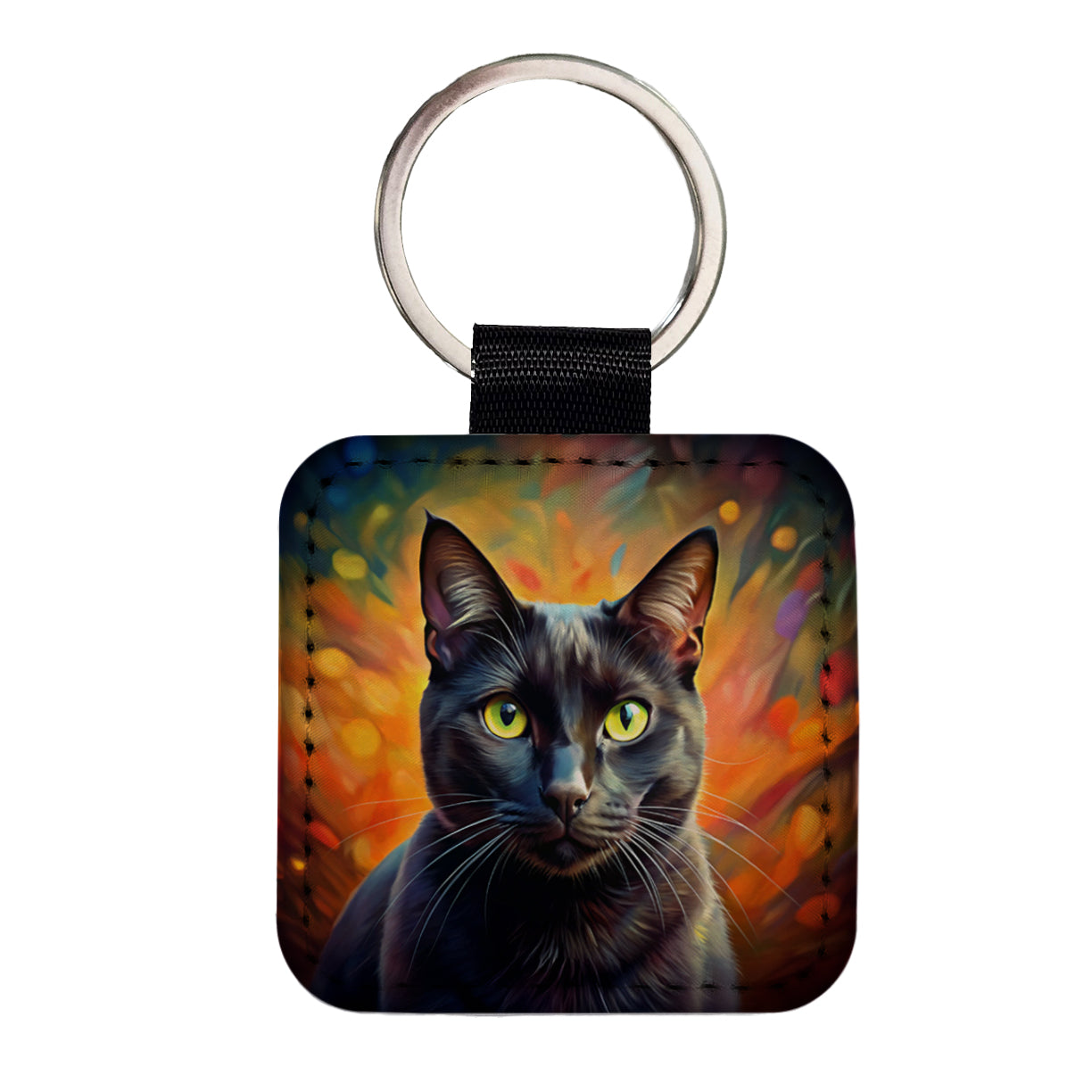 Black Cat Colorful Contemporary Style Art Square Faux Leather Keychain