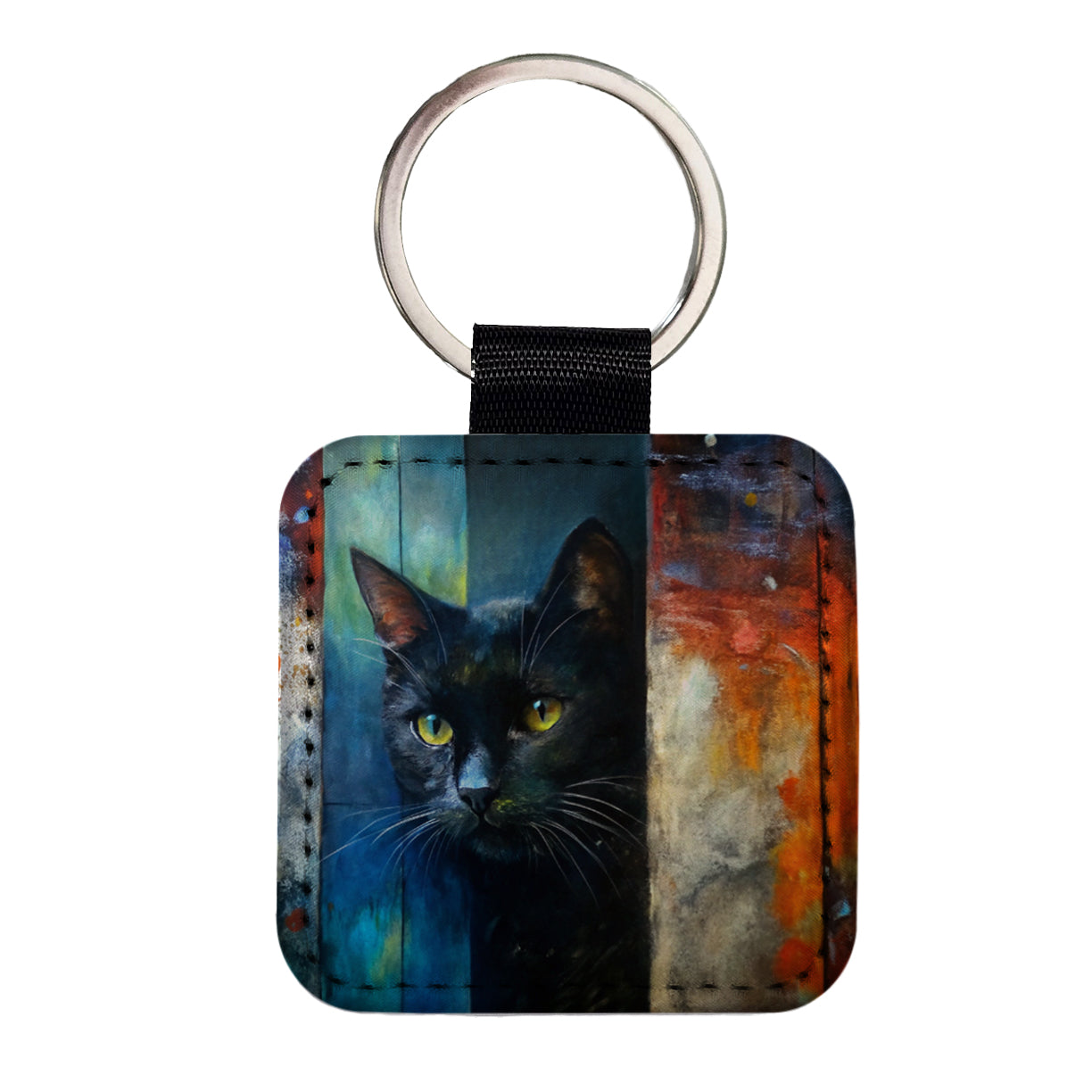 Black Cat Peaking Behind Door Abstract Art Square Faux Leather Keychain