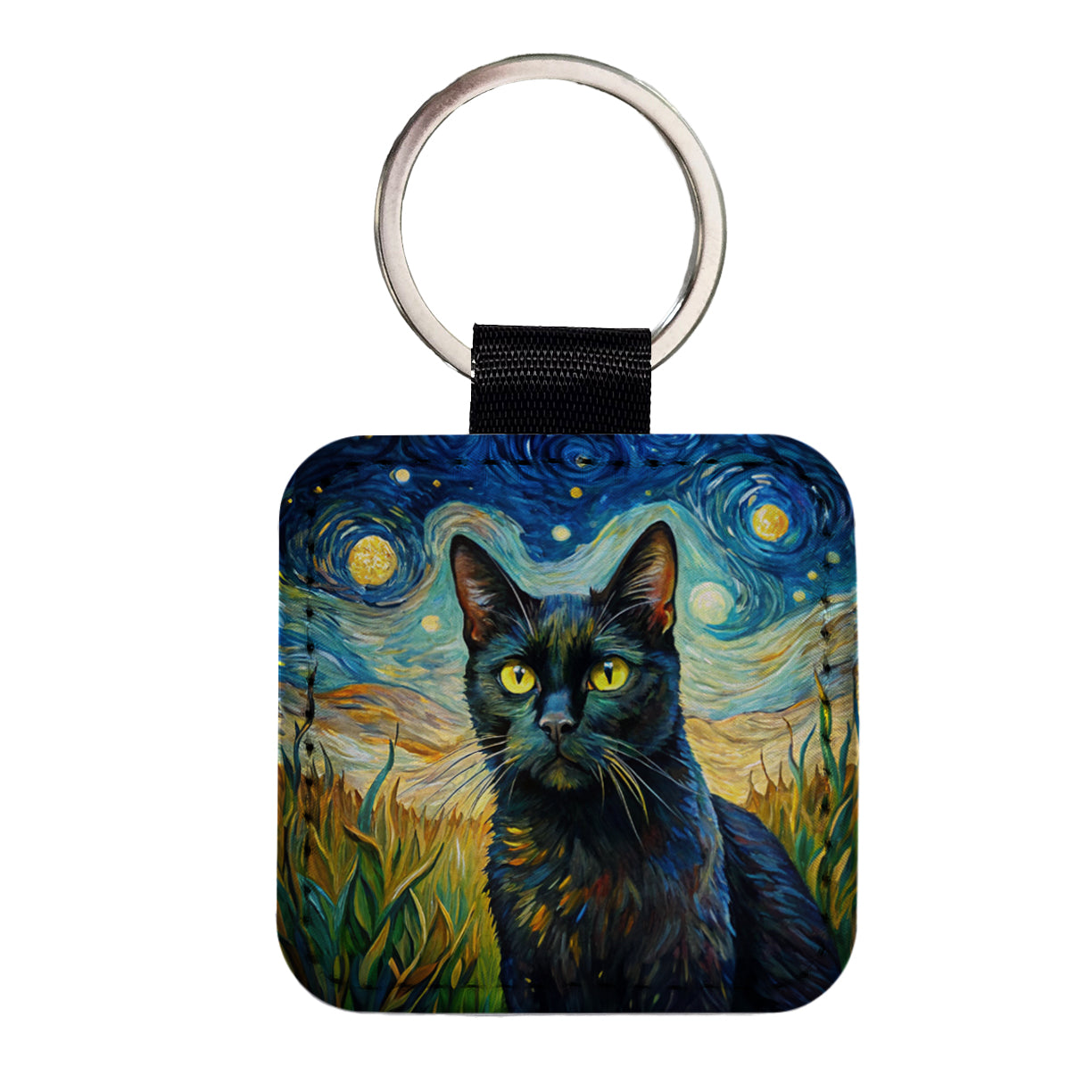 Black Cat Van Gogh Style Painting Square Faux Leather Keychain