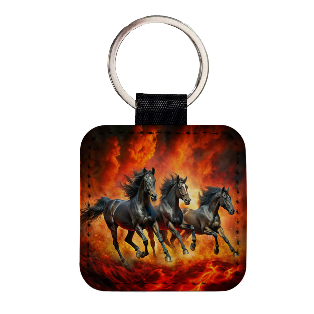 Black Horses Galloping Out of Fire Square Faux Leather Keychain