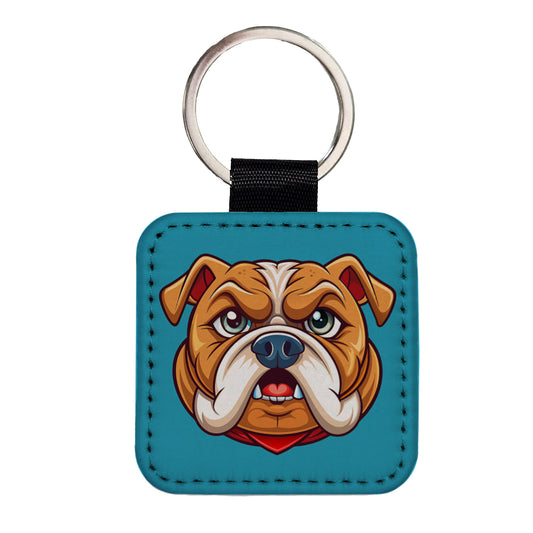 Bulldog Face Mascot Cartoon Square Faux Leather Keychain