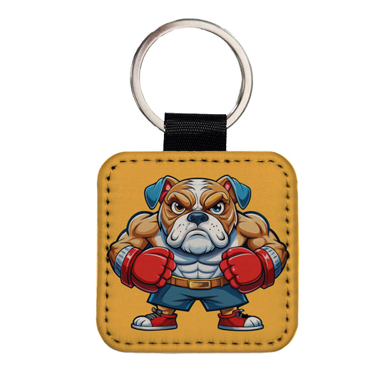 Bulldog With Boxing Gloves Cartoon Square Faux Leather Keychain