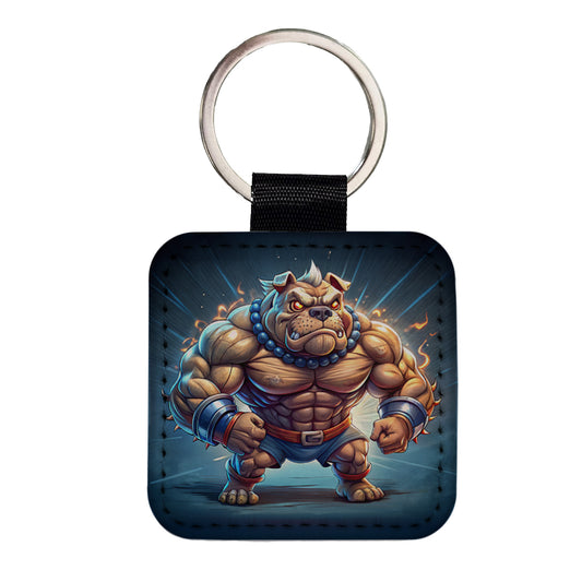 Bulldog With Huge Muscles Cartoon Square Faux Leather Keychain