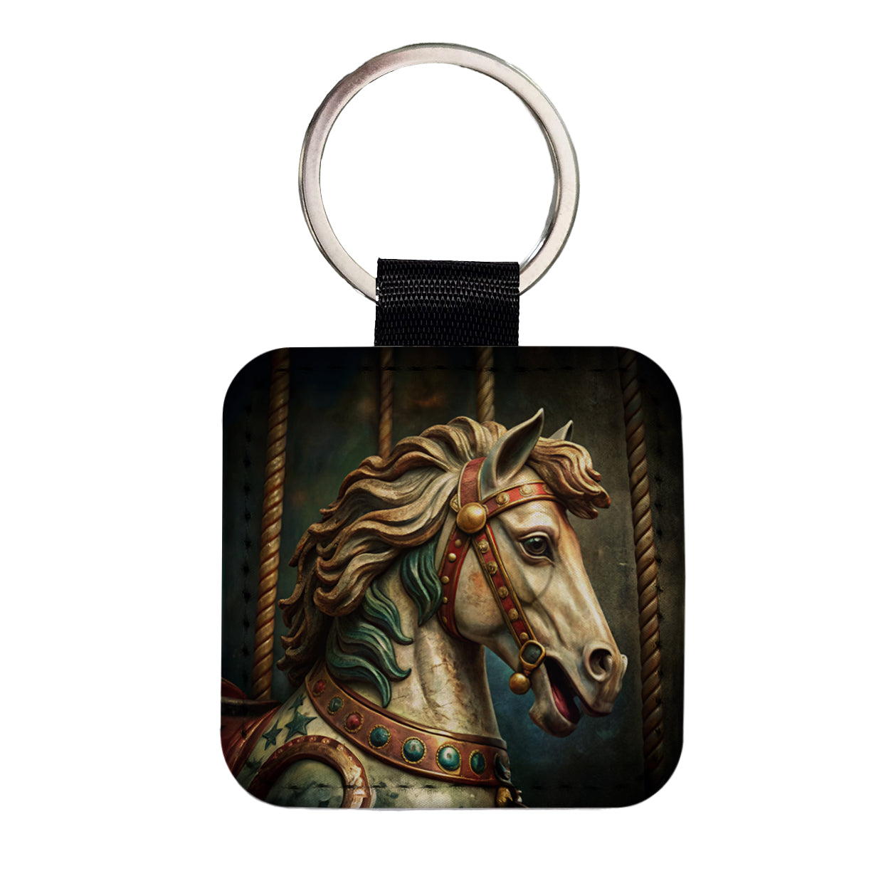 Carousel Horse Close-up Square Faux Leather Keychain