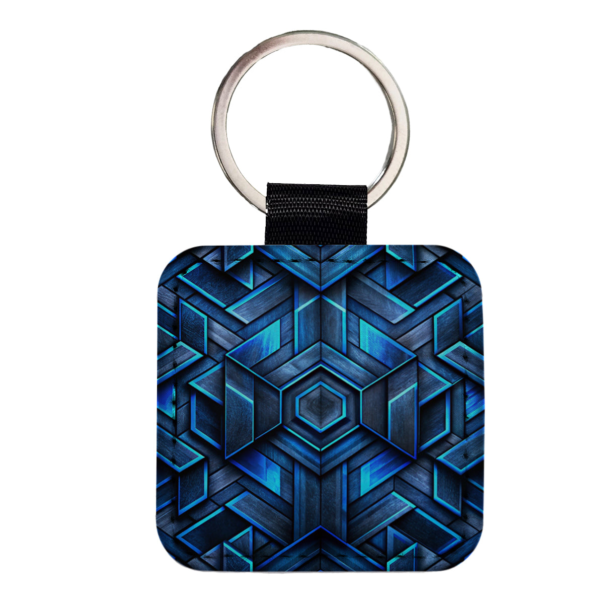 Chunky Angular Black And Blue Design Pattern Square Faux Leather Keychain