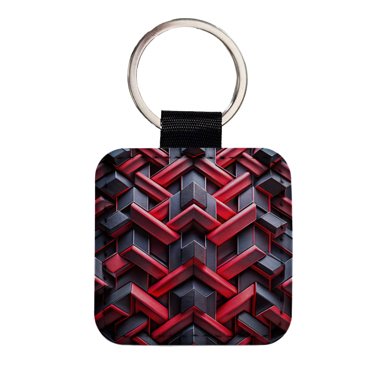 Chunky Angular Black And Red Design Pattern Square Faux Leather Keychain