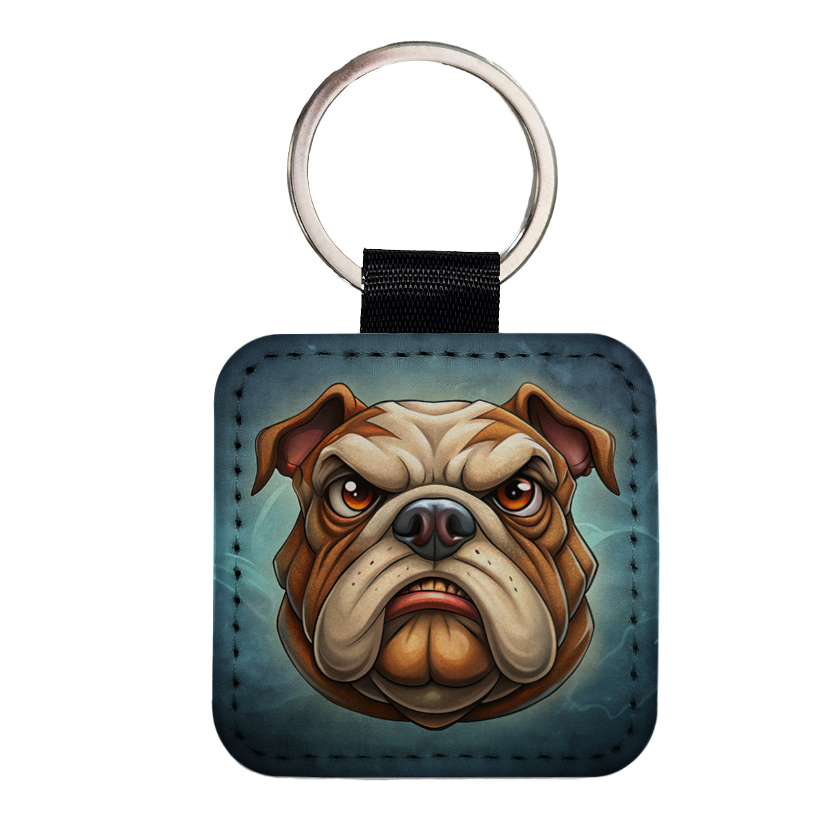 Classic Bulldog Face Cartoon Square Faux Leather Keychain