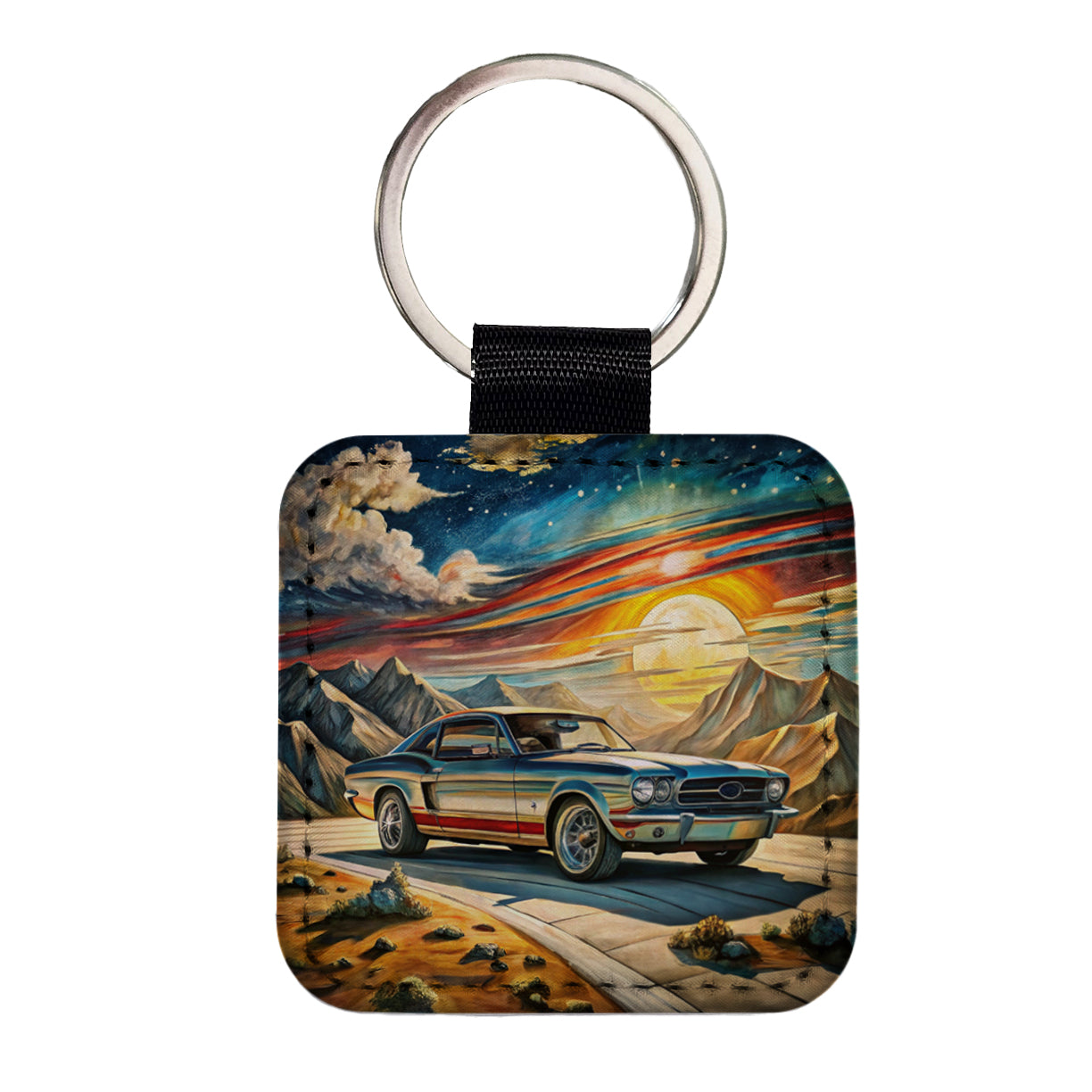 Classic Retro Muscle Car Art Square Faux Leather Keychain