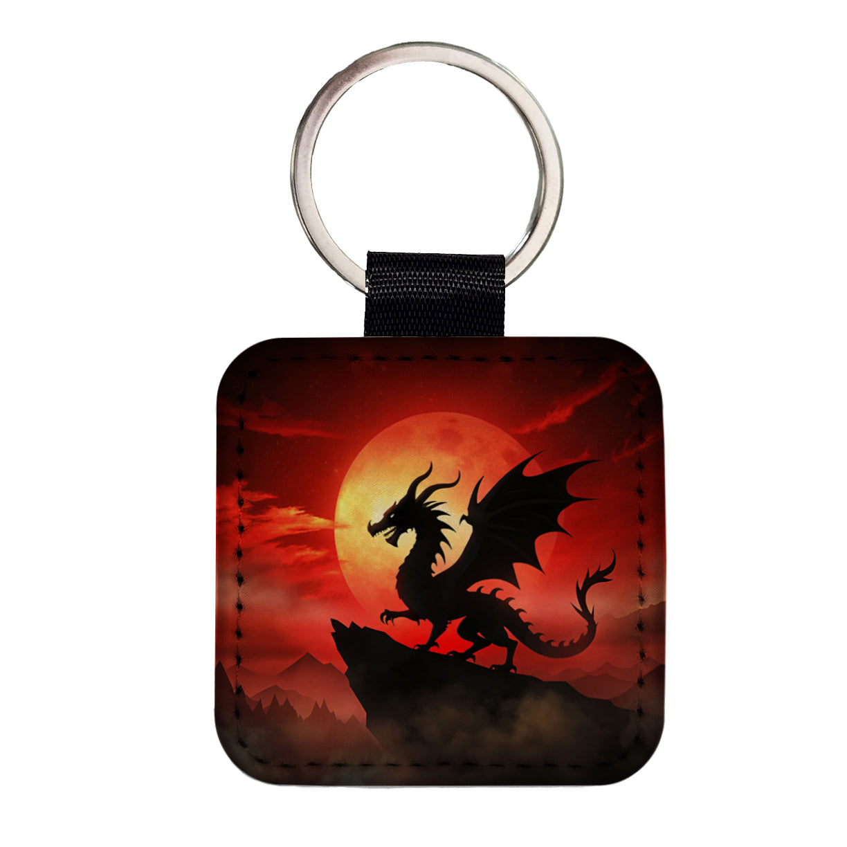 Dragon Silhouette Against A Red Sky Square Faux Leather Keychain