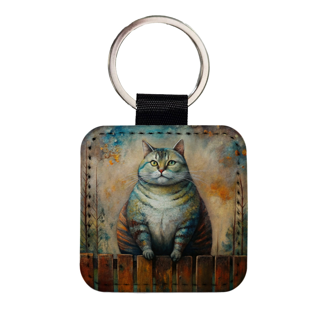 Fat Chunky Alley Cat Sitting On Fence Abstract Art Square Faux Leather Keychain