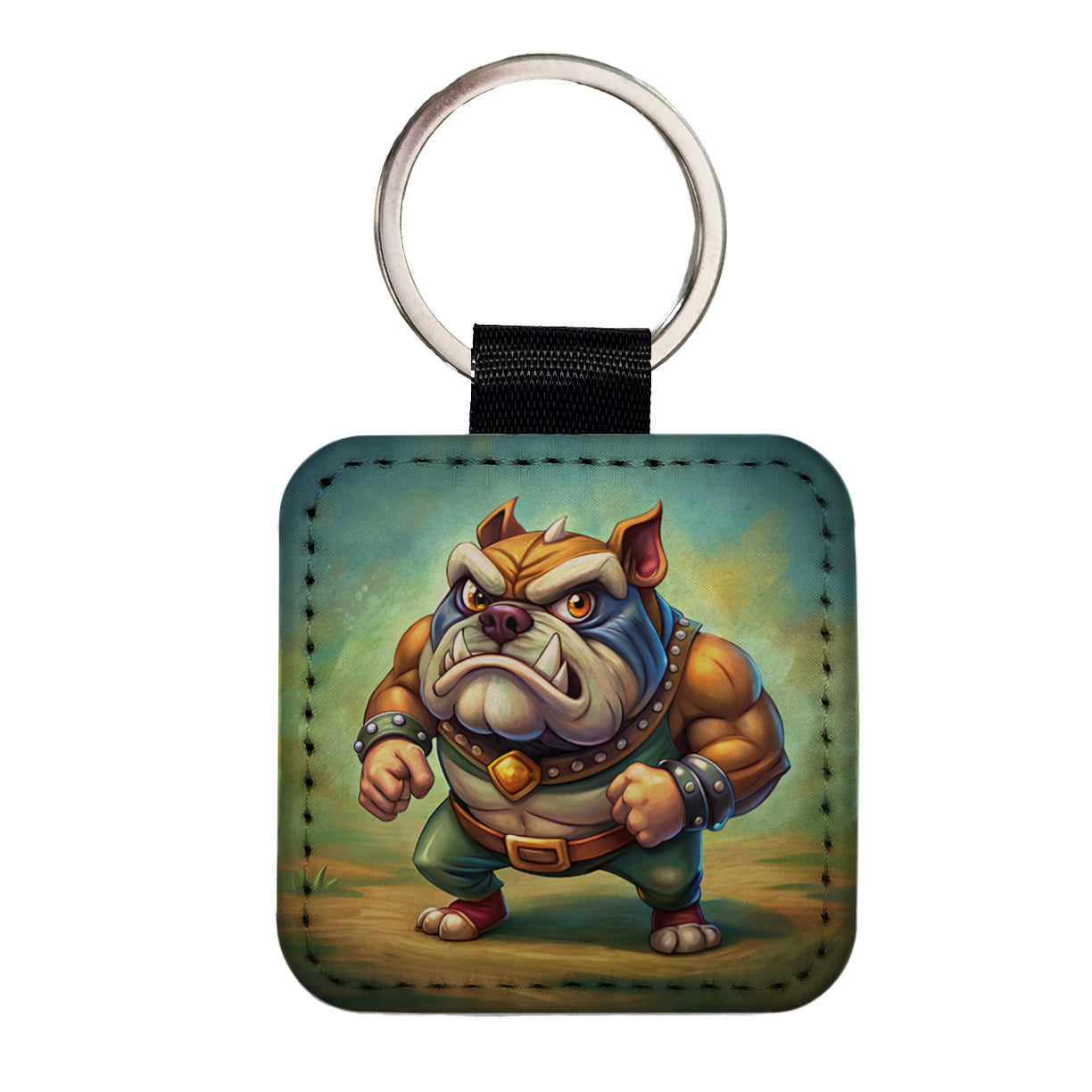 Fighting Bulldog Cartoon Square Faux Leather Keychain