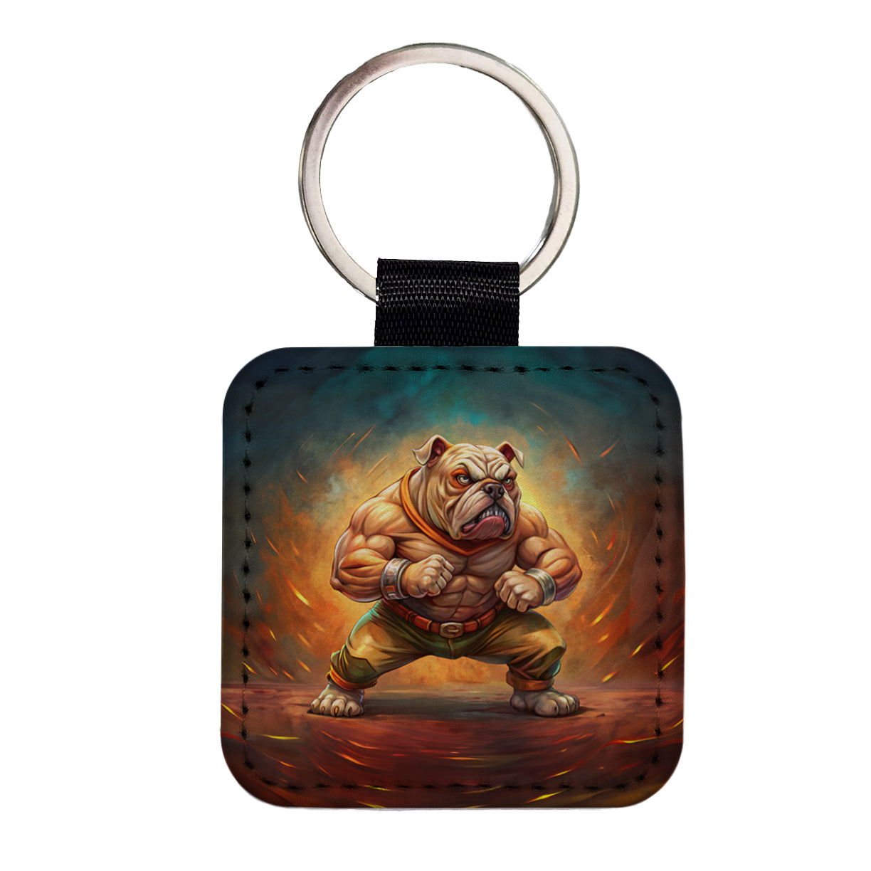 Fighting Mad Bulldog Square Faux Leather Keychain