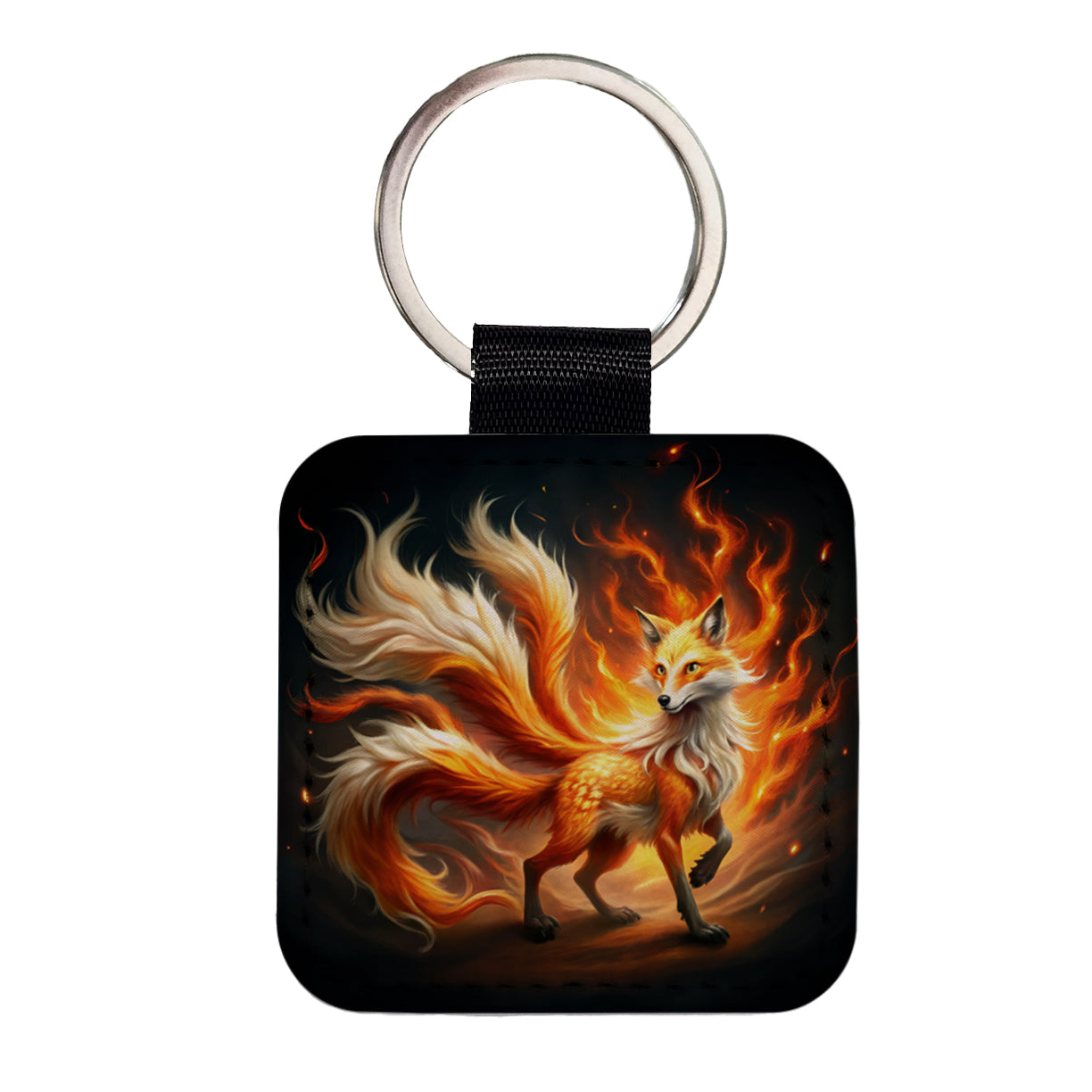 Flaming Fire Fox Kitsune Spirit Animal Square Faux Leather Keychain