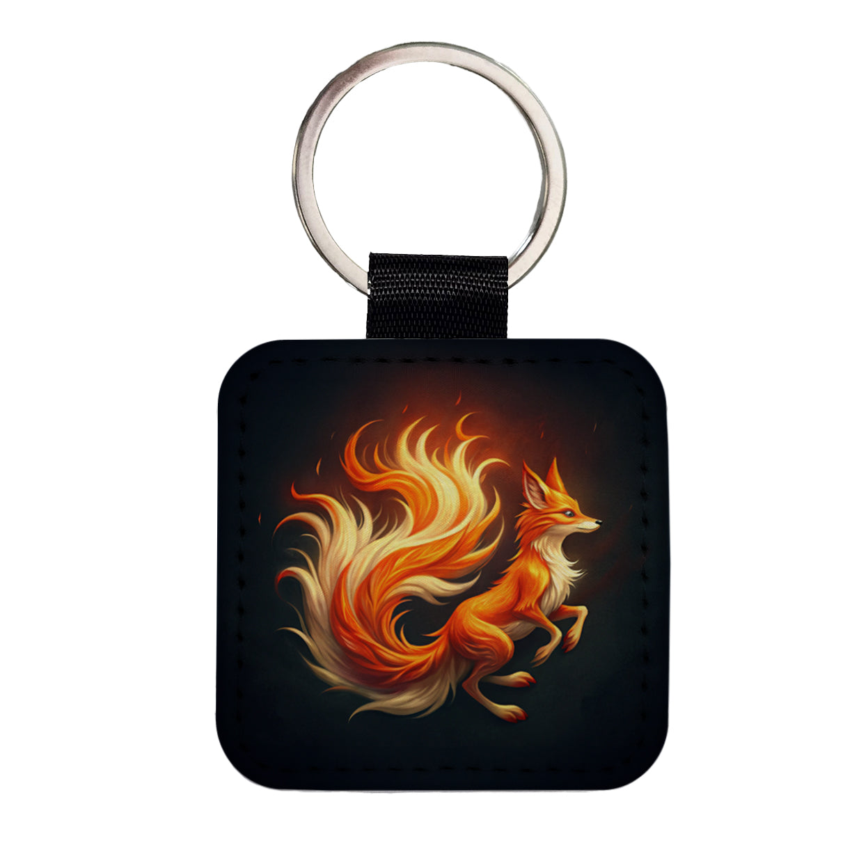 Flaming Fox Fire Kitsune Square Faux Leather Keychain