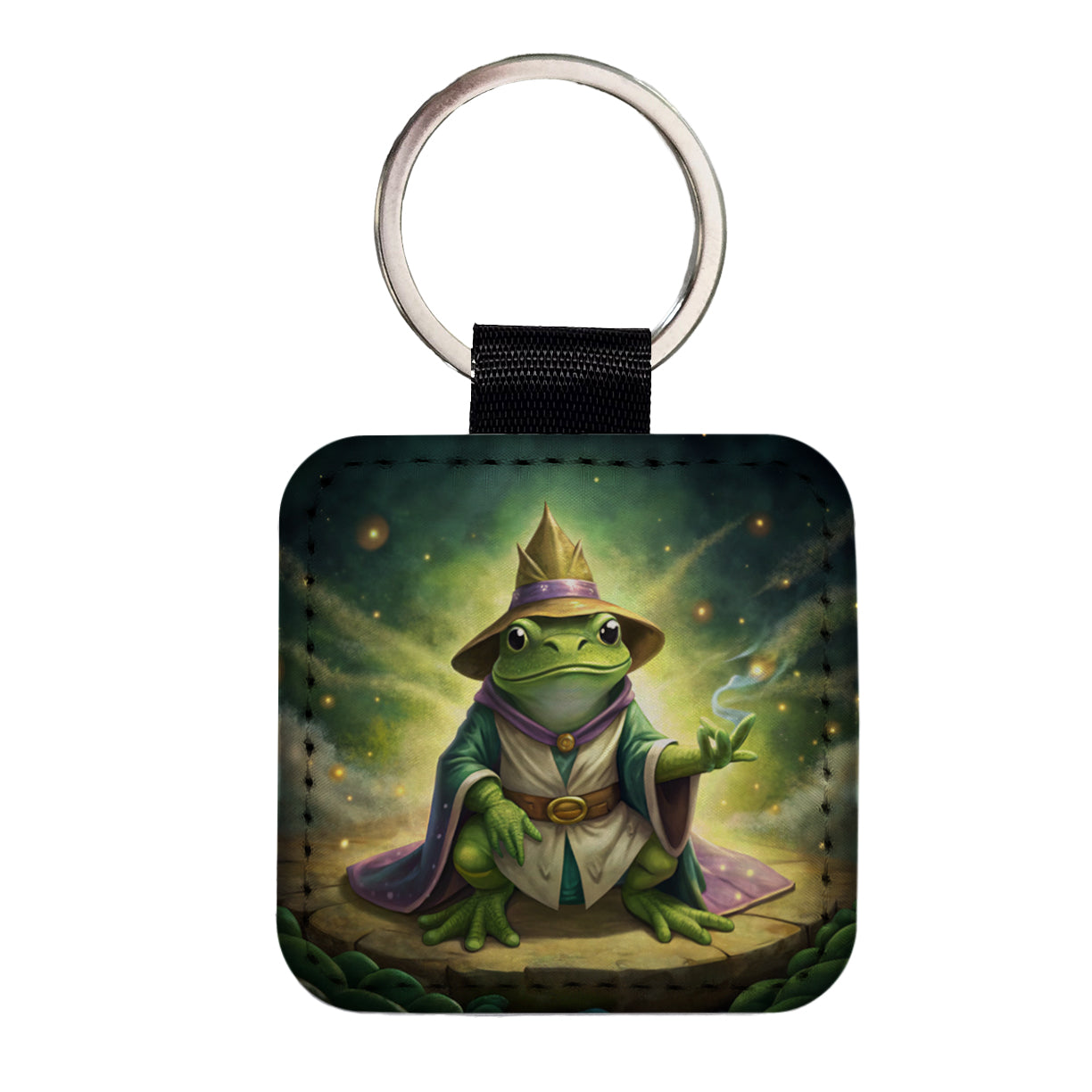 Frog Wizard Square Faux Leather Keychain