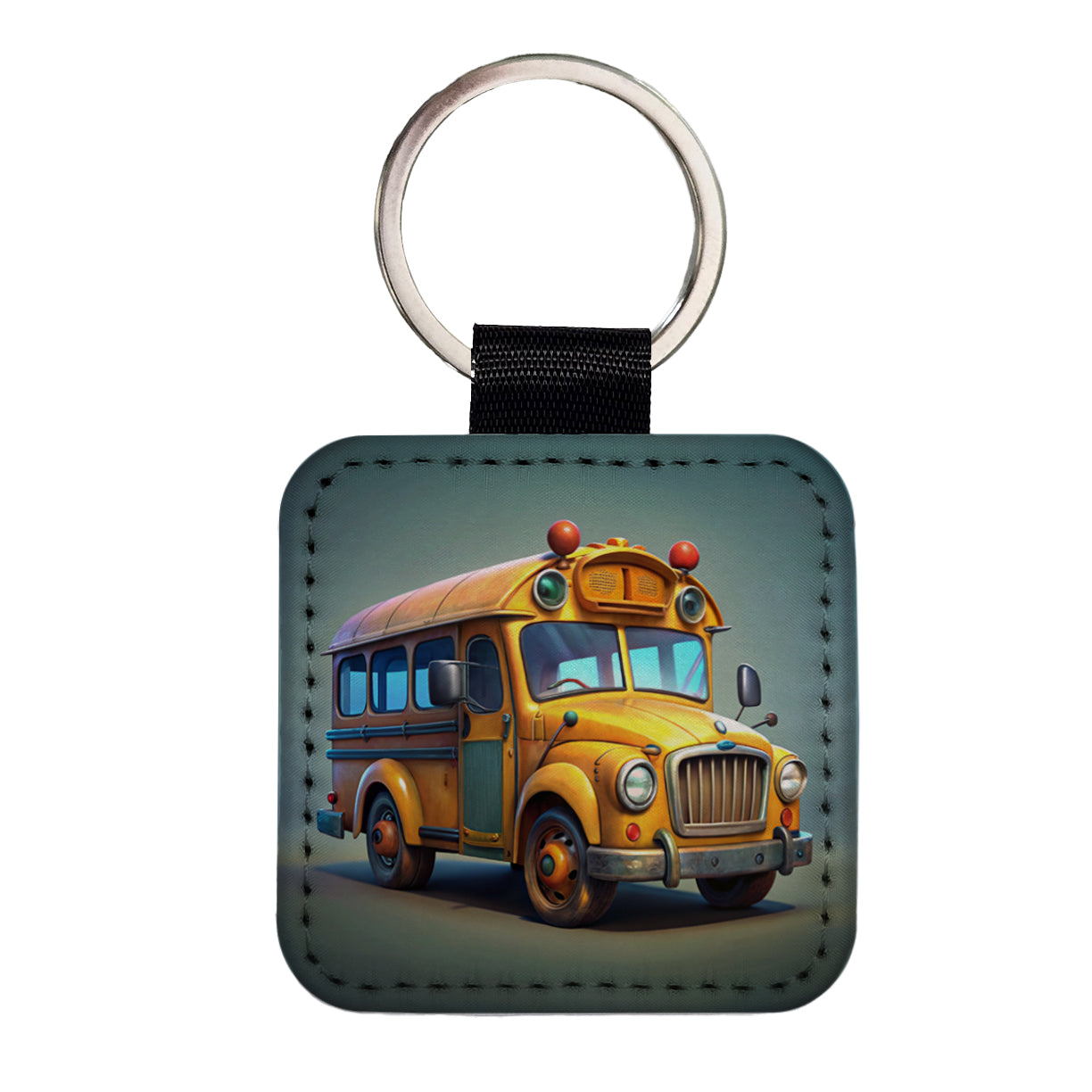 Funny School Short Bus Square Faux Leather Keychain