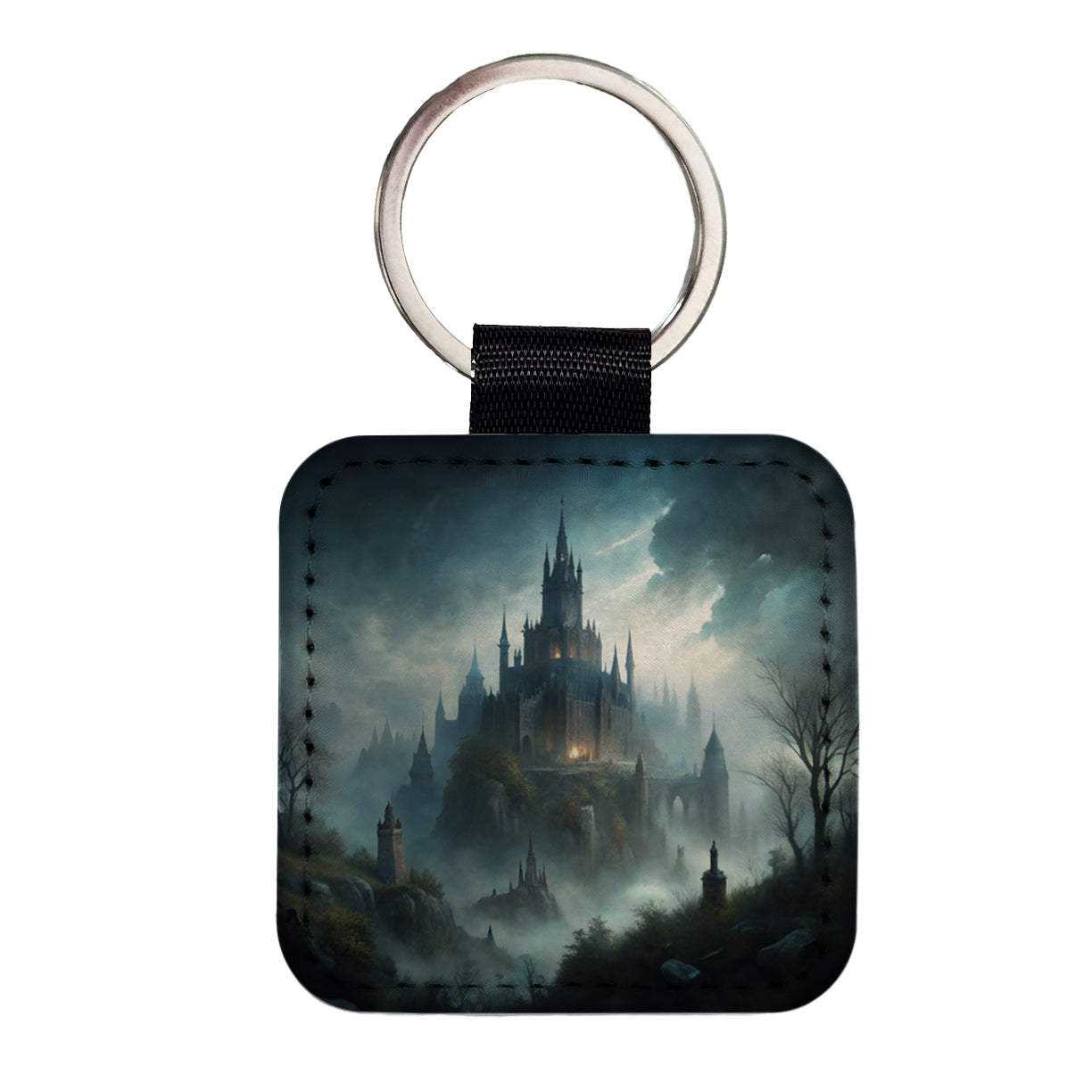 Gothic Horror Castle Square Faux Leather Keychain