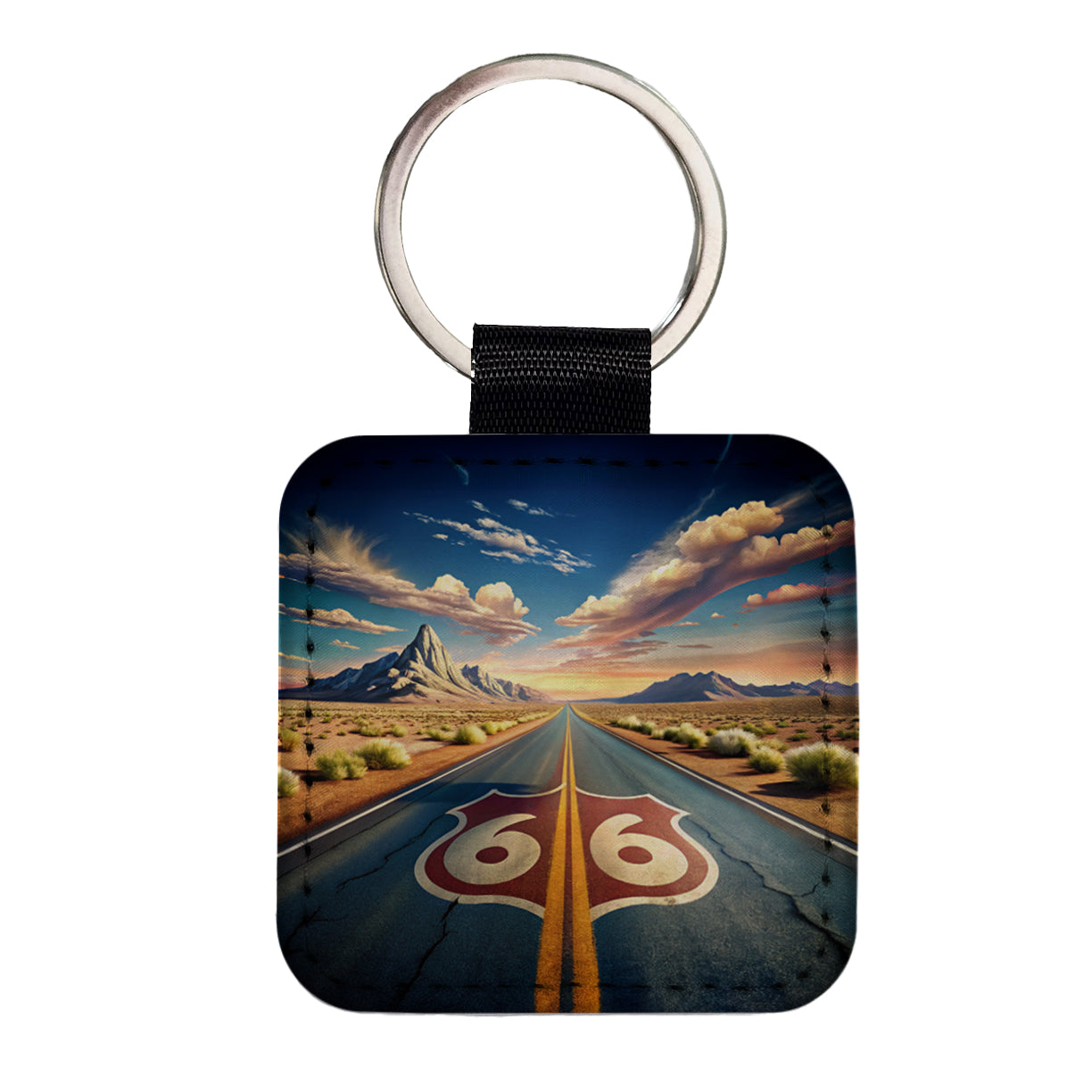 Highway Route 66 Southwest Art Square Faux Leather Keychain
