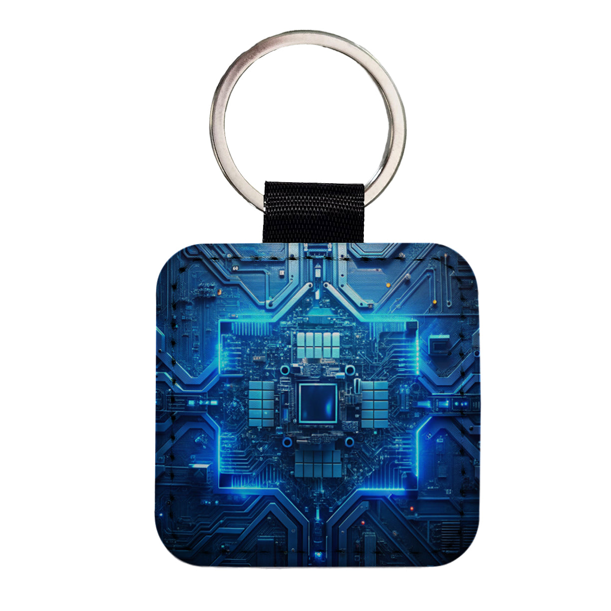 Intricate Blue Circuit Board Square Faux Leather Keychain