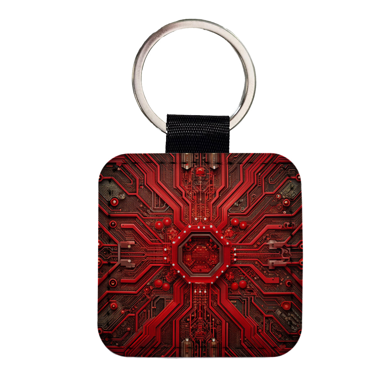 Intricate Red Circuit Board Square Faux Leather Keychain