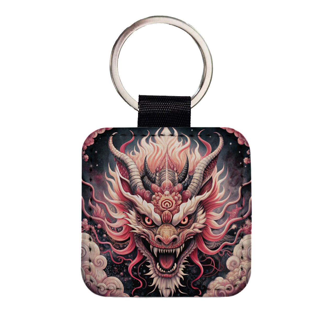 Japanese Asian Pink Spirit Dragon Art Square Faux Leather Keychain