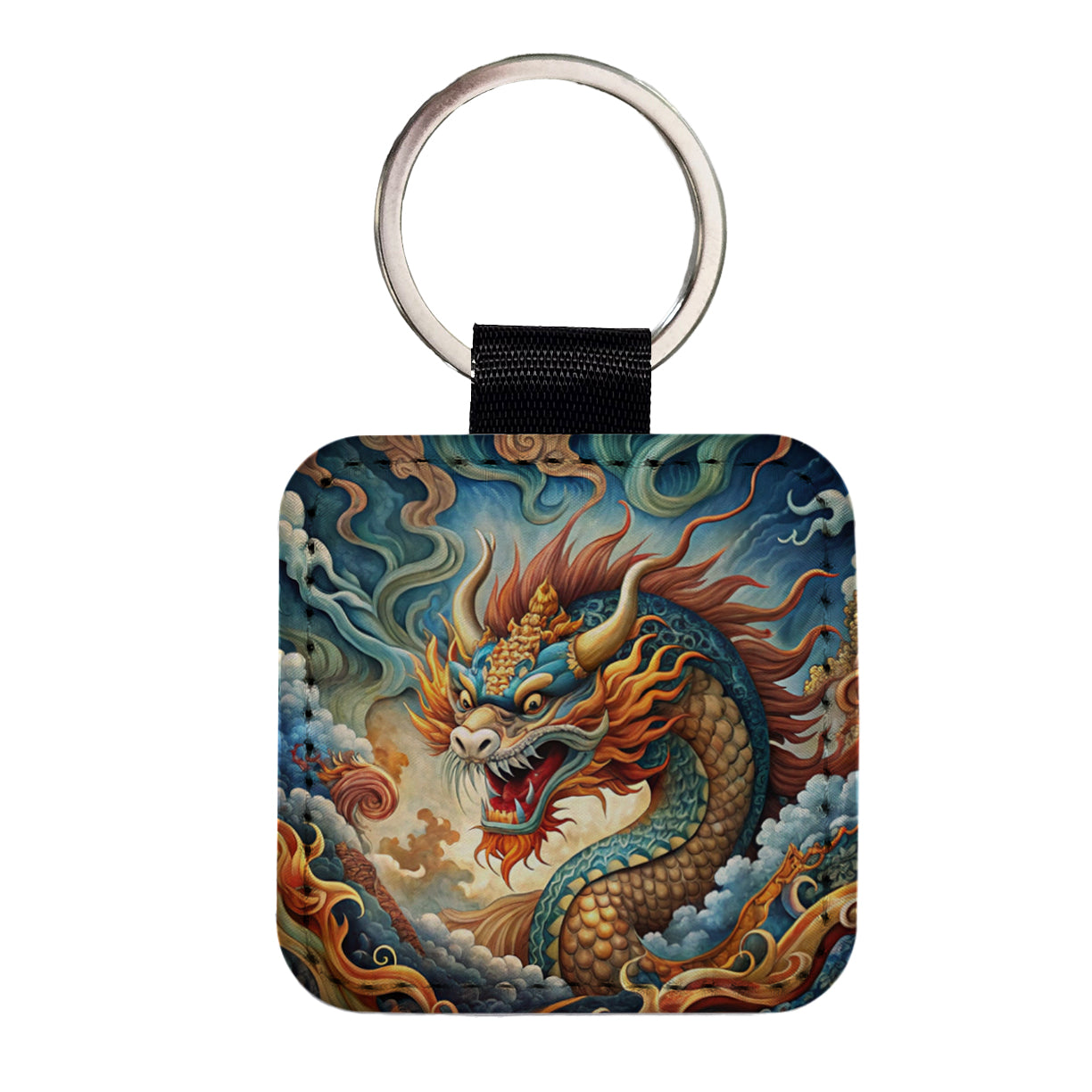 Japanese Asian Spirit Dragon Art Square Faux Leather Keychain