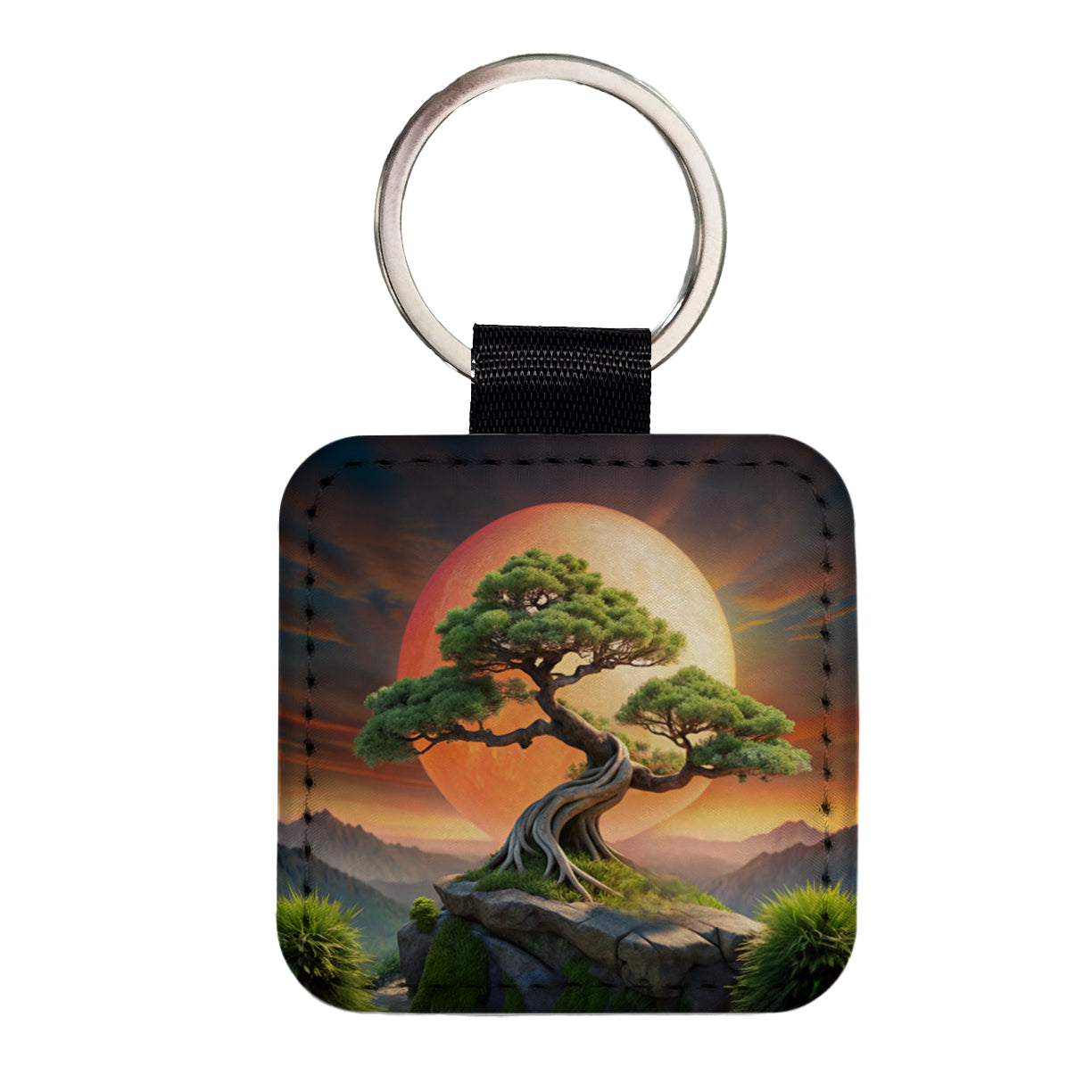 Japanese Bonsai Tree Landscape Square Faux Leather Keychain