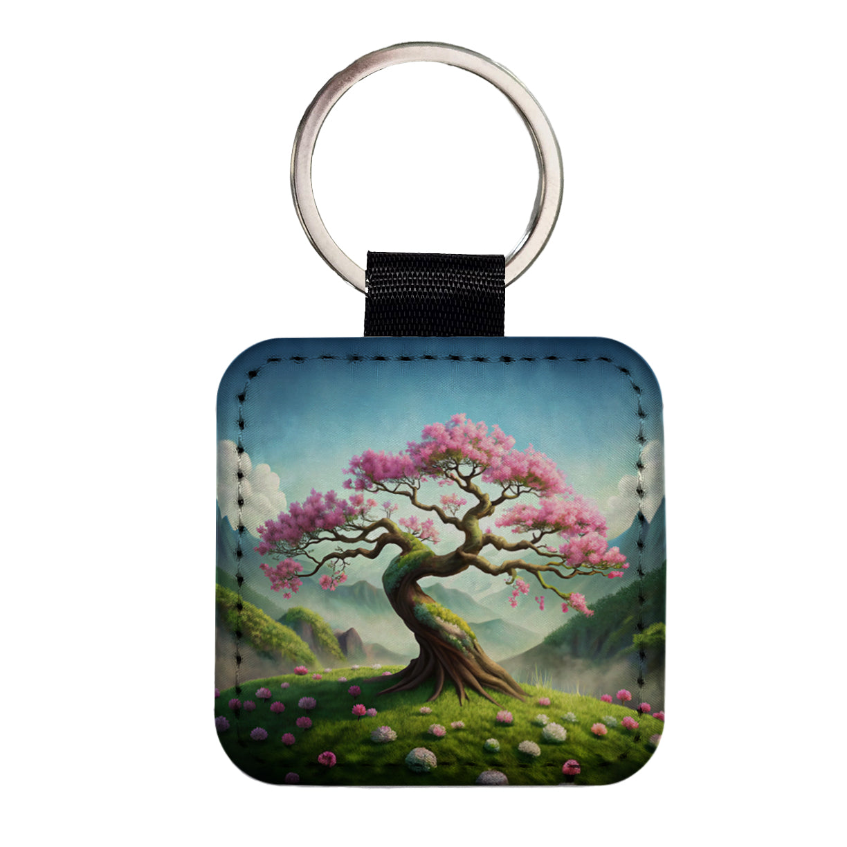 Japanese Bonsai Tree With Pink Flowers On Hillside Square Faux Leather Keychain