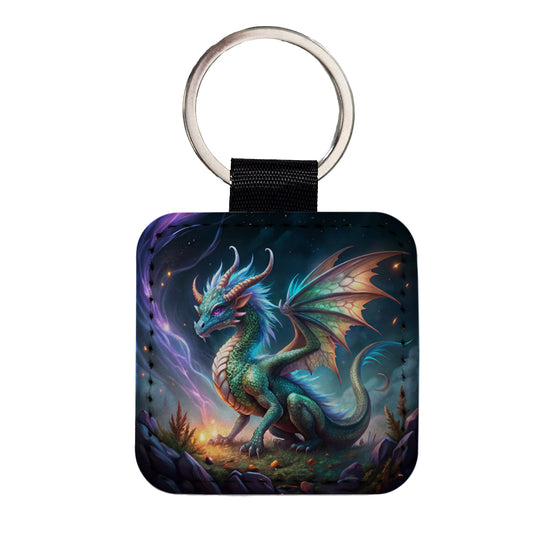 Magical Dragon Square Faux Leather Keychain