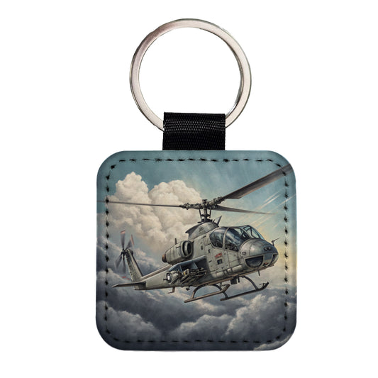 Military Attack Helicopter In Flight Square Faux Leather Keychain