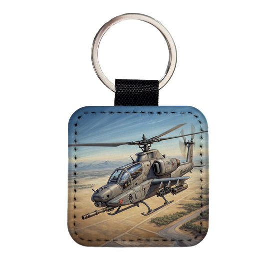 Military Gunship Helicopter In Flight Square Faux Leather Keychain
