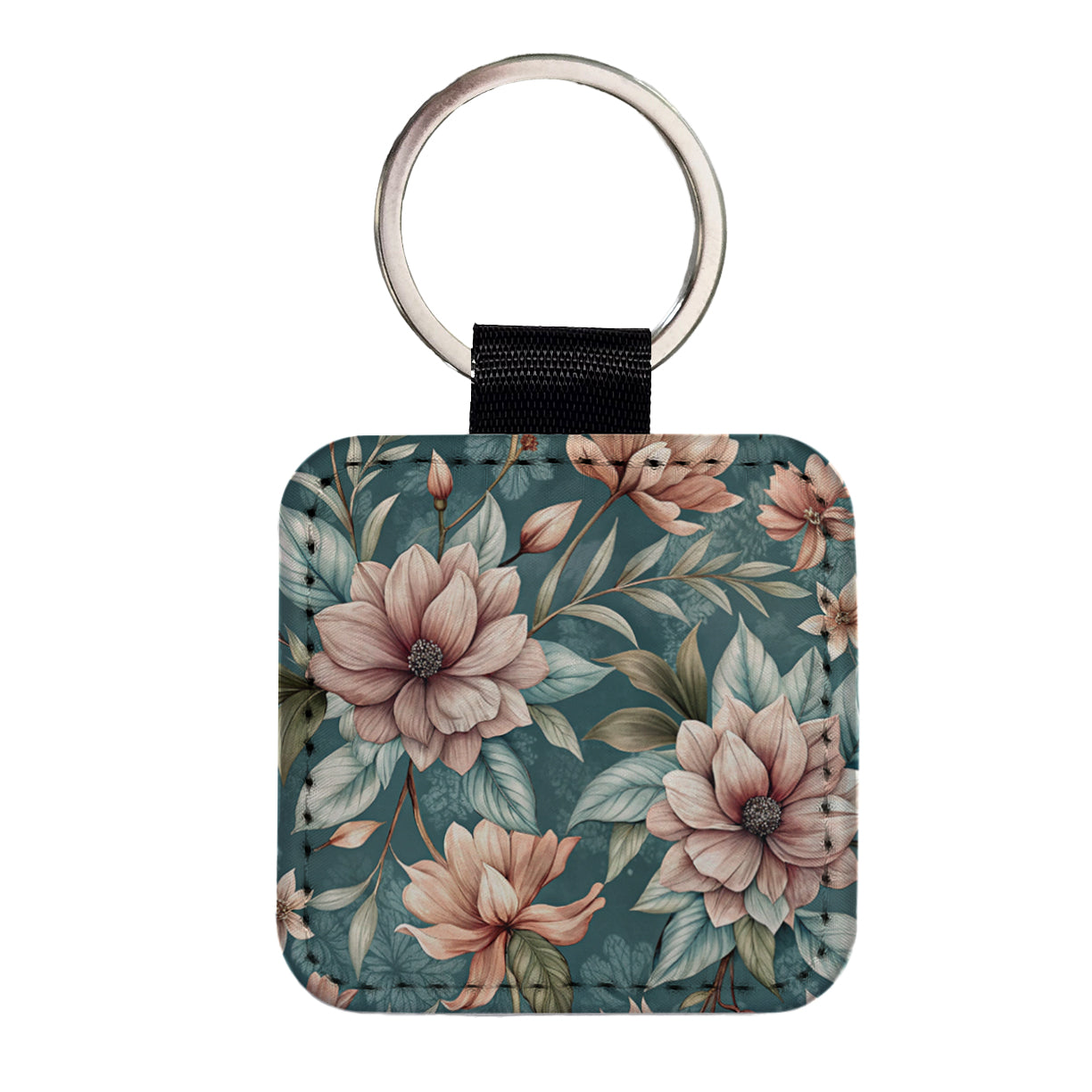 Minimalist Flowers Floral Pattern Square Faux Leather Keychain